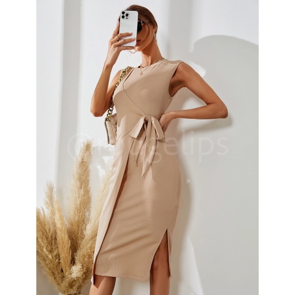 Beige Bodycon Dress Tie Overlapping Side Midi Sleeveless Leg Slit - Picture 4 of 10